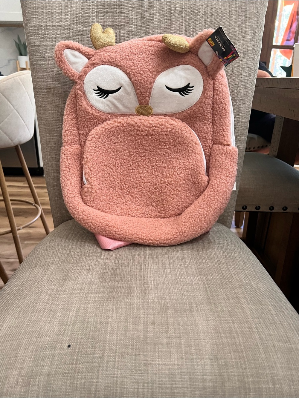 Plush Pink Deer Kids Backpack with Gold Accents